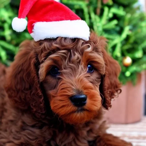 brown goldendoodle puppy with a santa hat