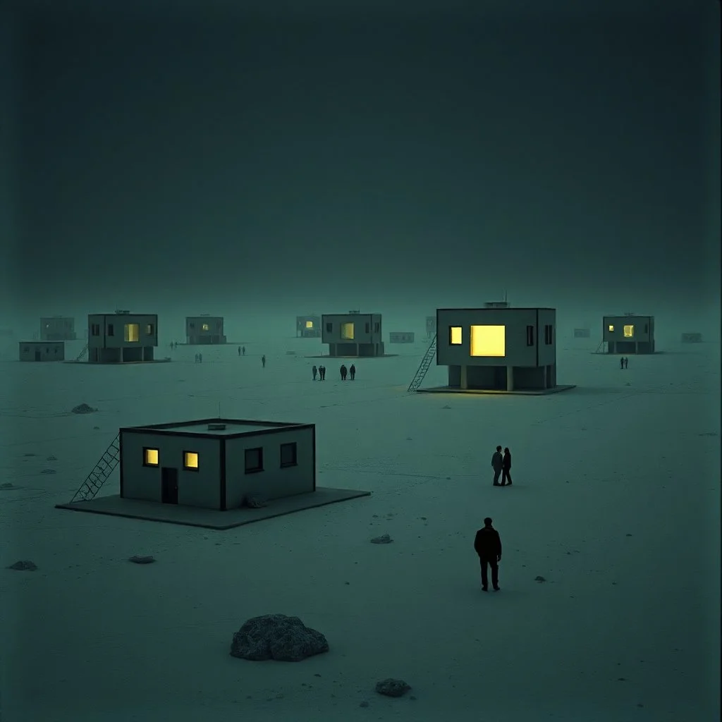 Photograph of odd brutalist buildings scattered over a wasteland, powder, night, people, nothingness, nightmare, minimalist, details of the terrain very accentuated, 8k, deep 3d field, sharp, eerily mysterious, artistic photo, large format film, fotograph by Yves Tanguy, scenography by René Magritte, hasselblad h6d400c --ar 85:128 --v 6.0