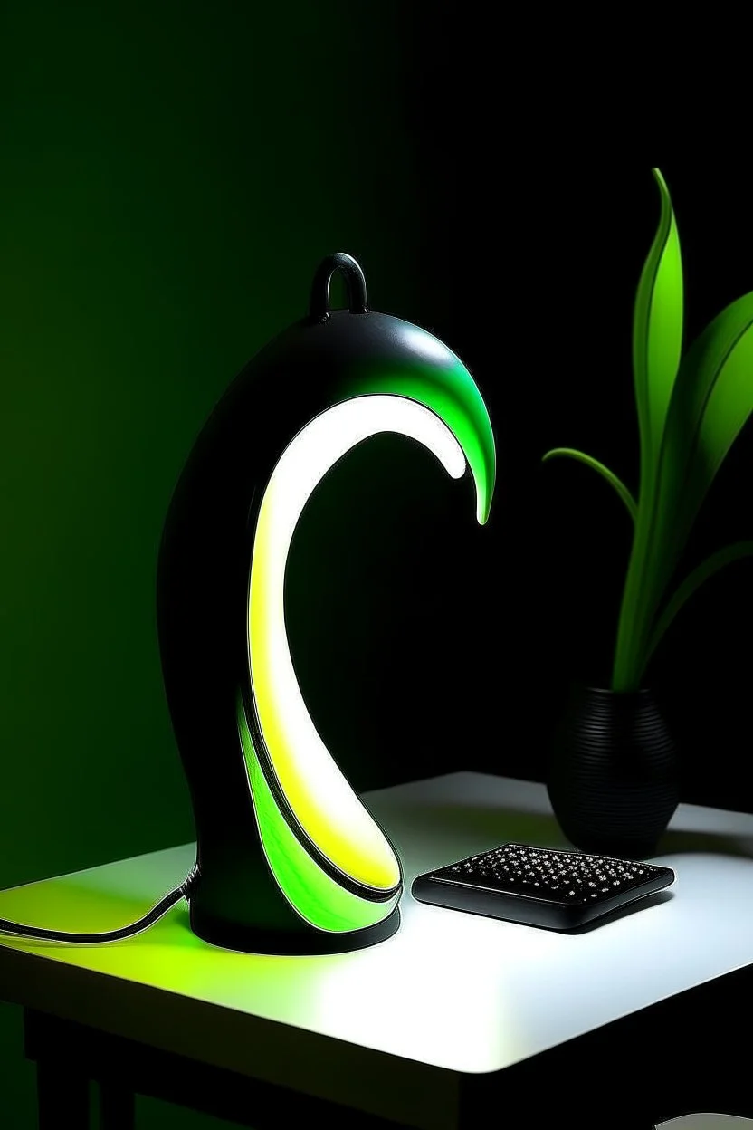 gaming table lamp inspired by banana, modern design, black and green color