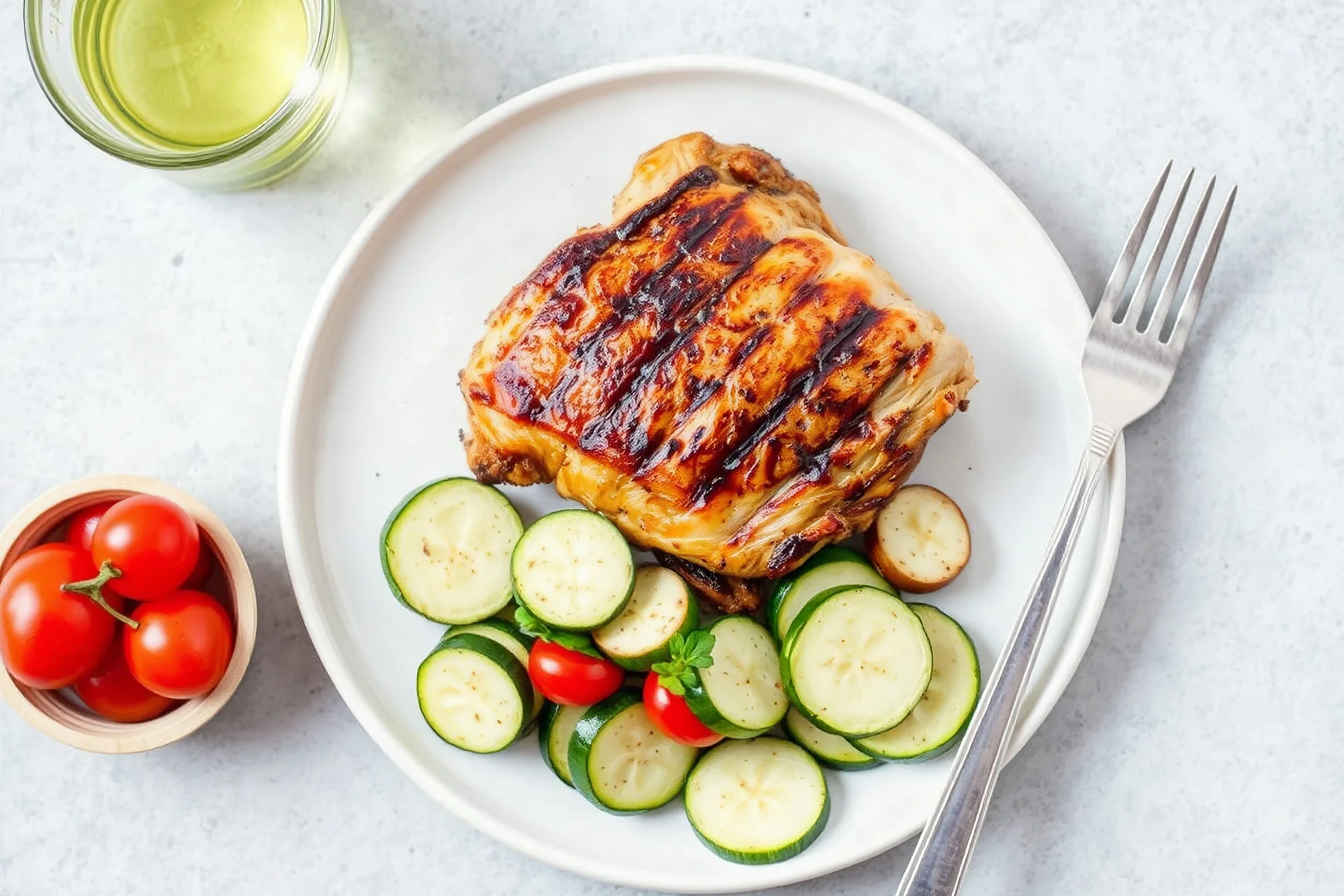 grilled chicken thigh and zucchini salade