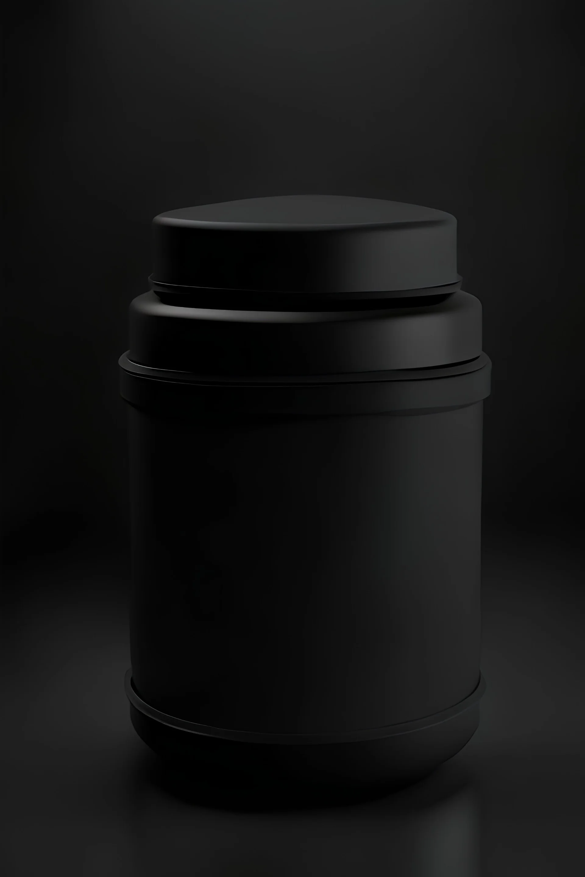 black container, plastic, realism, with screw lid, no labels, round container, view from the front, protein powder, dark studio setting, black background