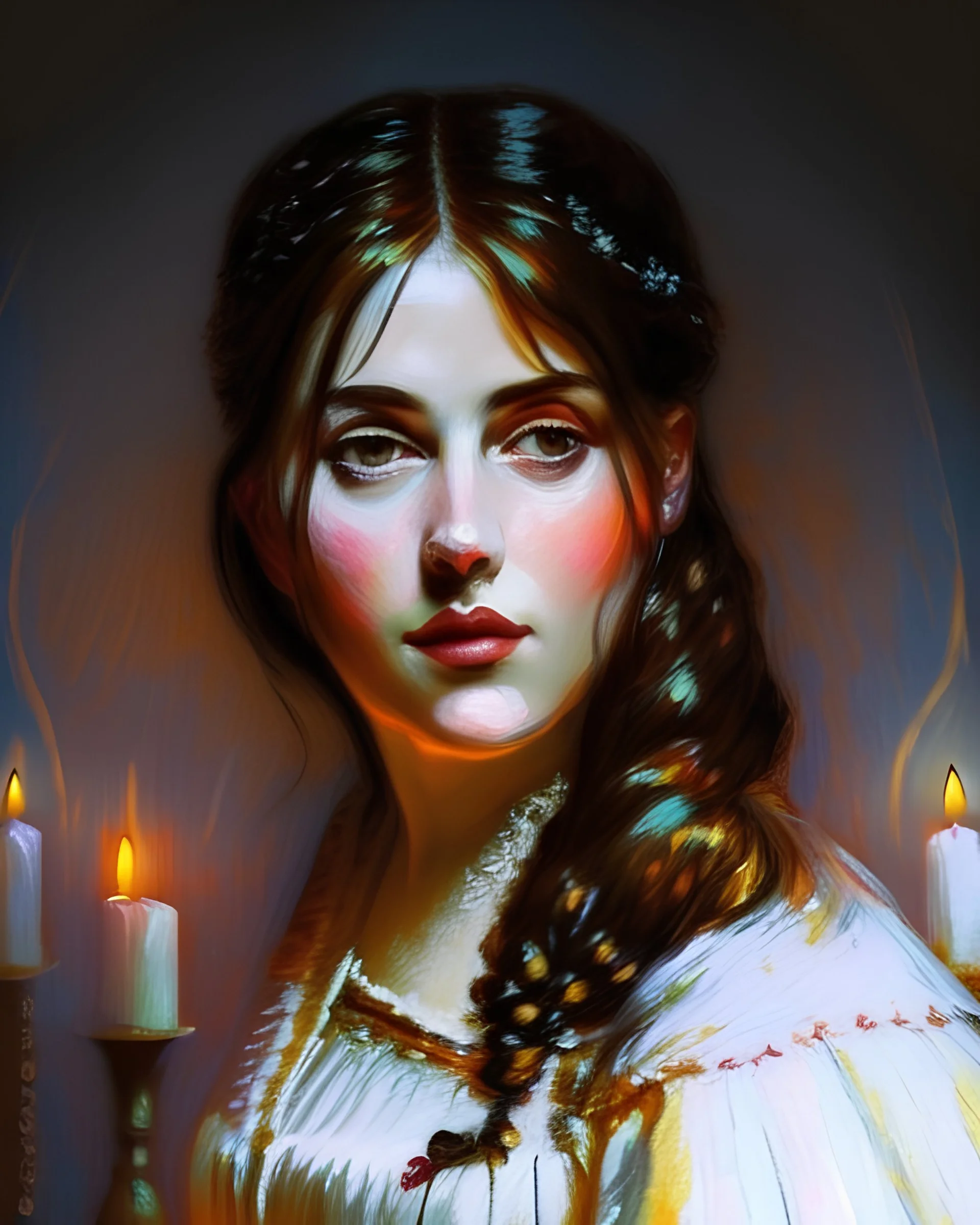 impressionism, women in a 15th century dress, candle light, wood wall in the background