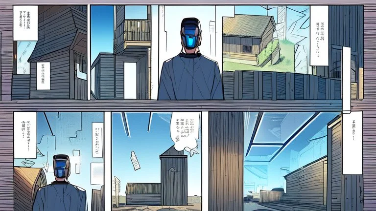 small Wooden European Cabin, In cyberpunk city-skyline, comic style
