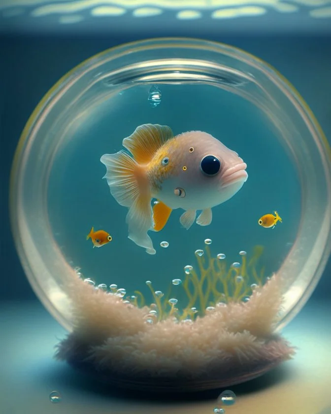 A cute little dolhin in a small circular fish tank.