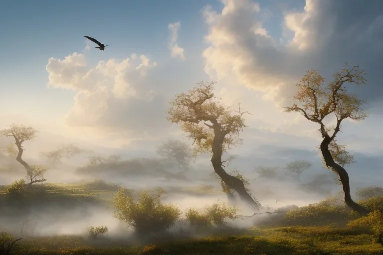 matte painting a beautiful digital painting of a marble tree entertwined in tumutluous clouds, intricate white branches and birds flying in the sunlight, blue sky at sunset, elegant, highly detailed, artstation, concept art, matte, sharp focus, art by tom bagshaw, kelogsloops and greg rutkowski