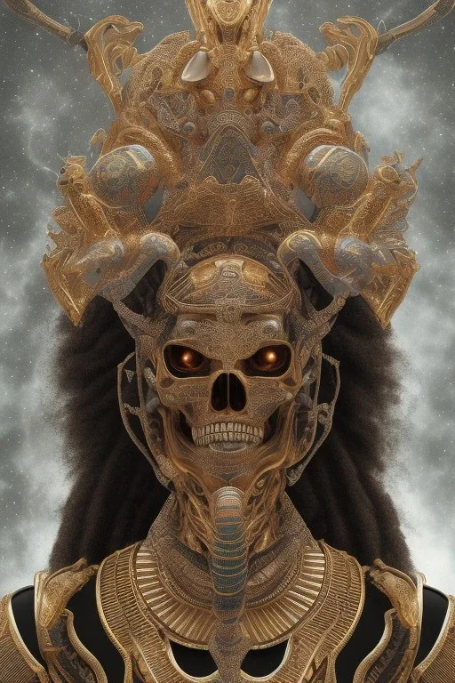 shiny black male African playing drums Egyptian alien, cracks in the voodoo head, wicked, eyes, crown, Elephant, 8k, finely detailed, photo realistic, tiger turquoise skull head gold dragon space alien snow skeleton gold hornytoad silver crown silver eyes playing drums