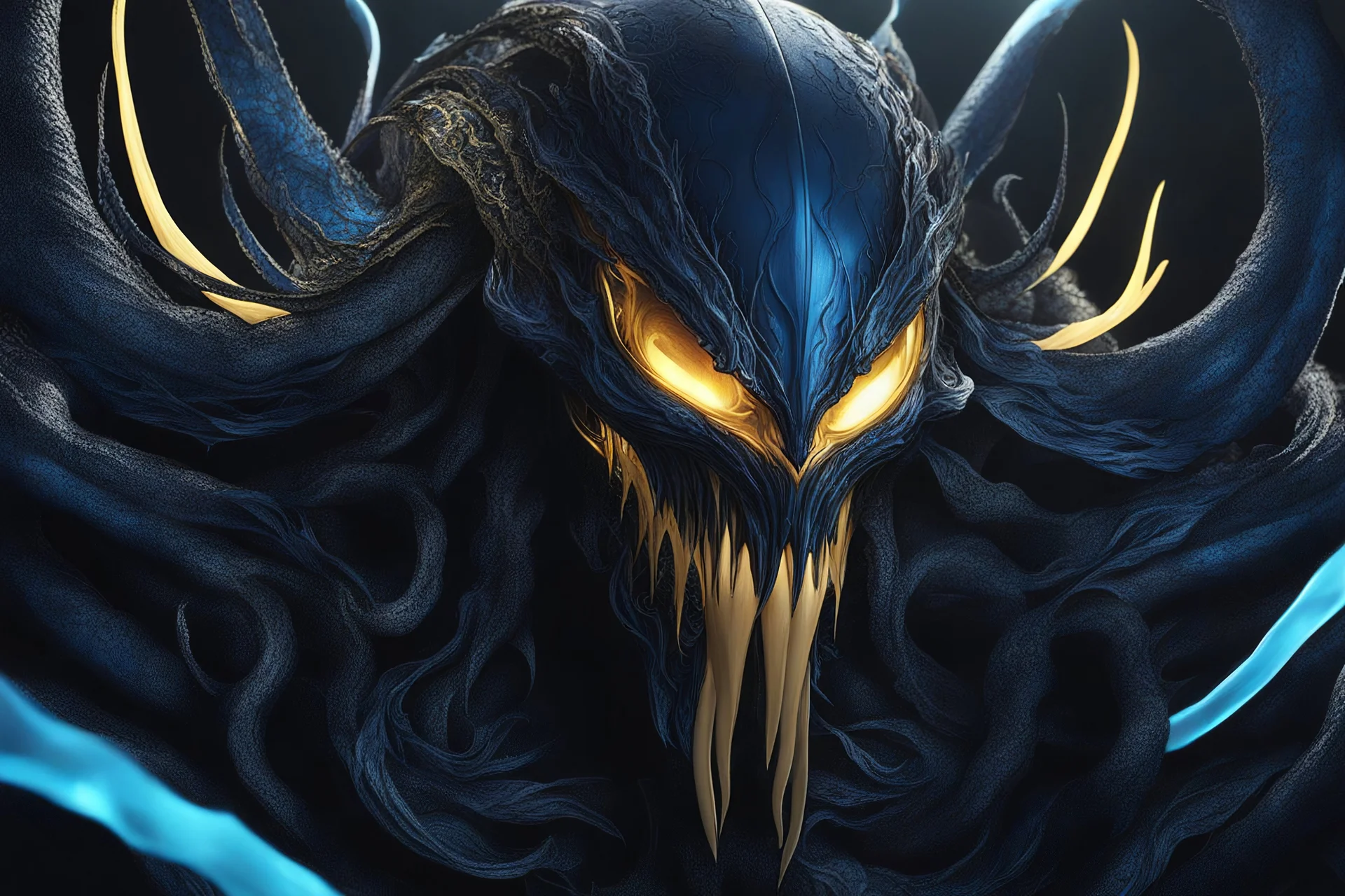 Huge symbiote in 8k solo leveling shadow drawing, Cthulhu model, skull mask, neon blue lights, Chaos sea, intricate details, highly detailed, high details, detailed portrait, masterpiece,ultra detailed, ultra quality