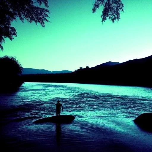 river and dark man shadow flote in sky. many scared people sides of river. river rock . valley . night