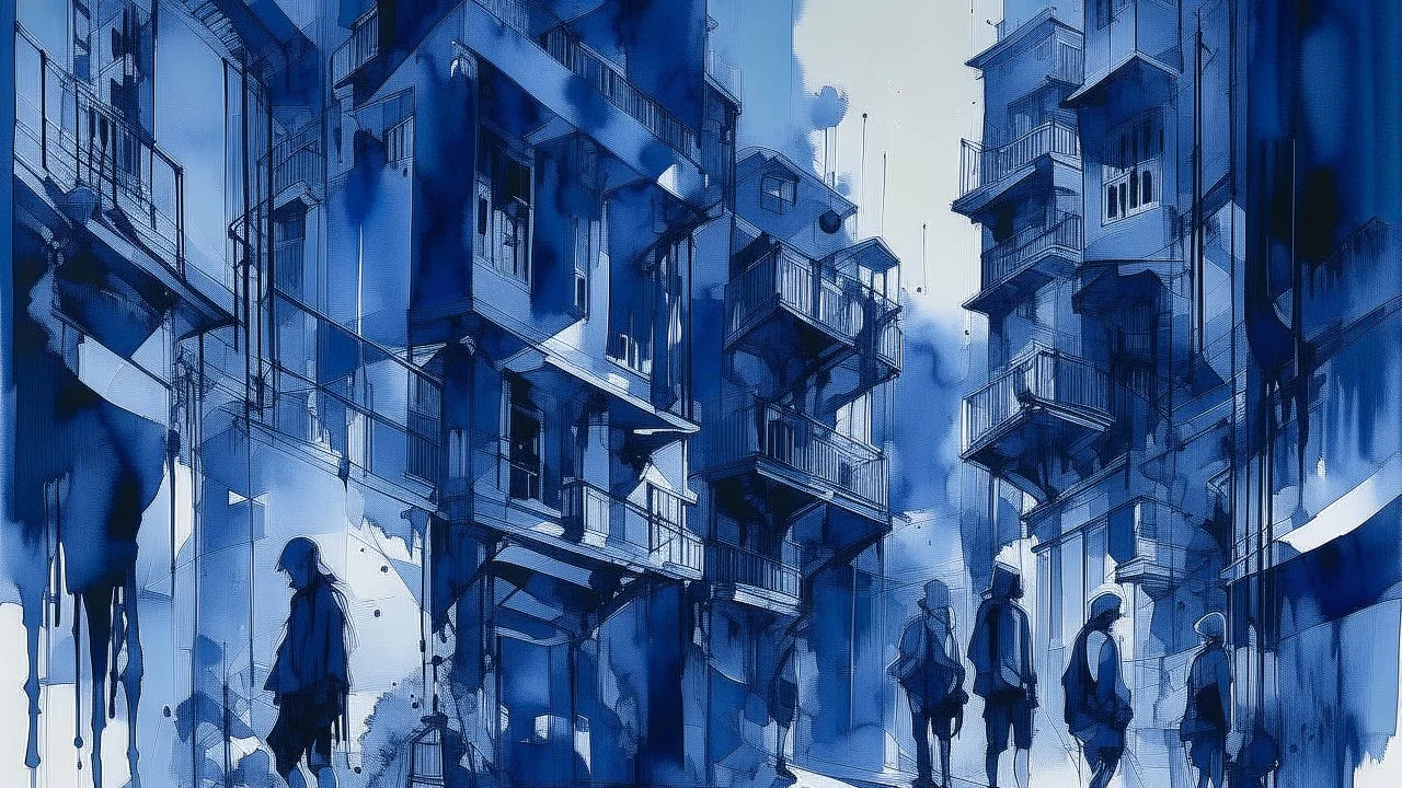 Flowing silhouettes cascade through a vertical composition in deep indigo and gray tones. The watercolor technique creates a sense of movement as figures blend and overlap, suggesting the connected nature of urban life. Negative space defines each form while architectural hints ground the scene in a city setting. The loose, fluid style emphasizes the rhythm of movement and the shared experience of urban dwelling.