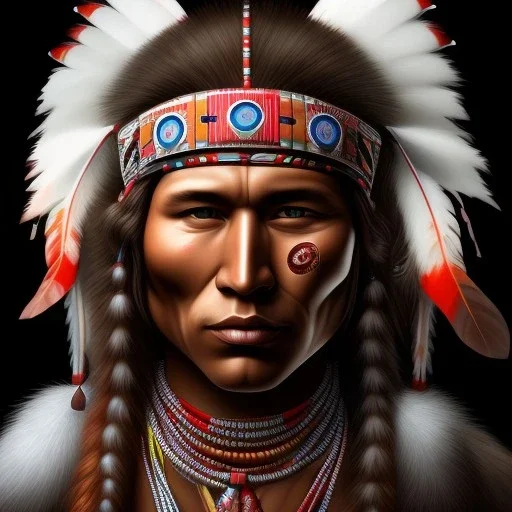 Guaicaipuro, native american face, Muscular warrior, three red feathers headband, holding spear