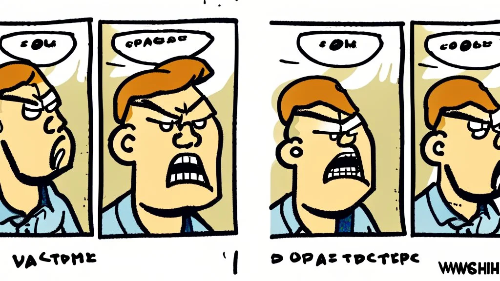 2 panels left panel has customer service looking annoyed and right panel showing angry guy on cellphone