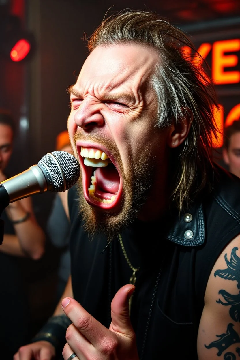 A very angry and bitter punk rocker screaming at microphone, very aggresive image in a club house, his name i FOLKE, and the name FOLKE in background