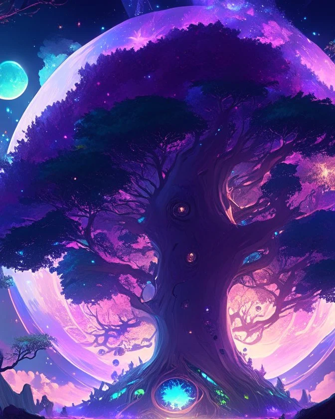 Giant world tree in fantasy concept, dissolving into sidereal space, anime style. illustration painting