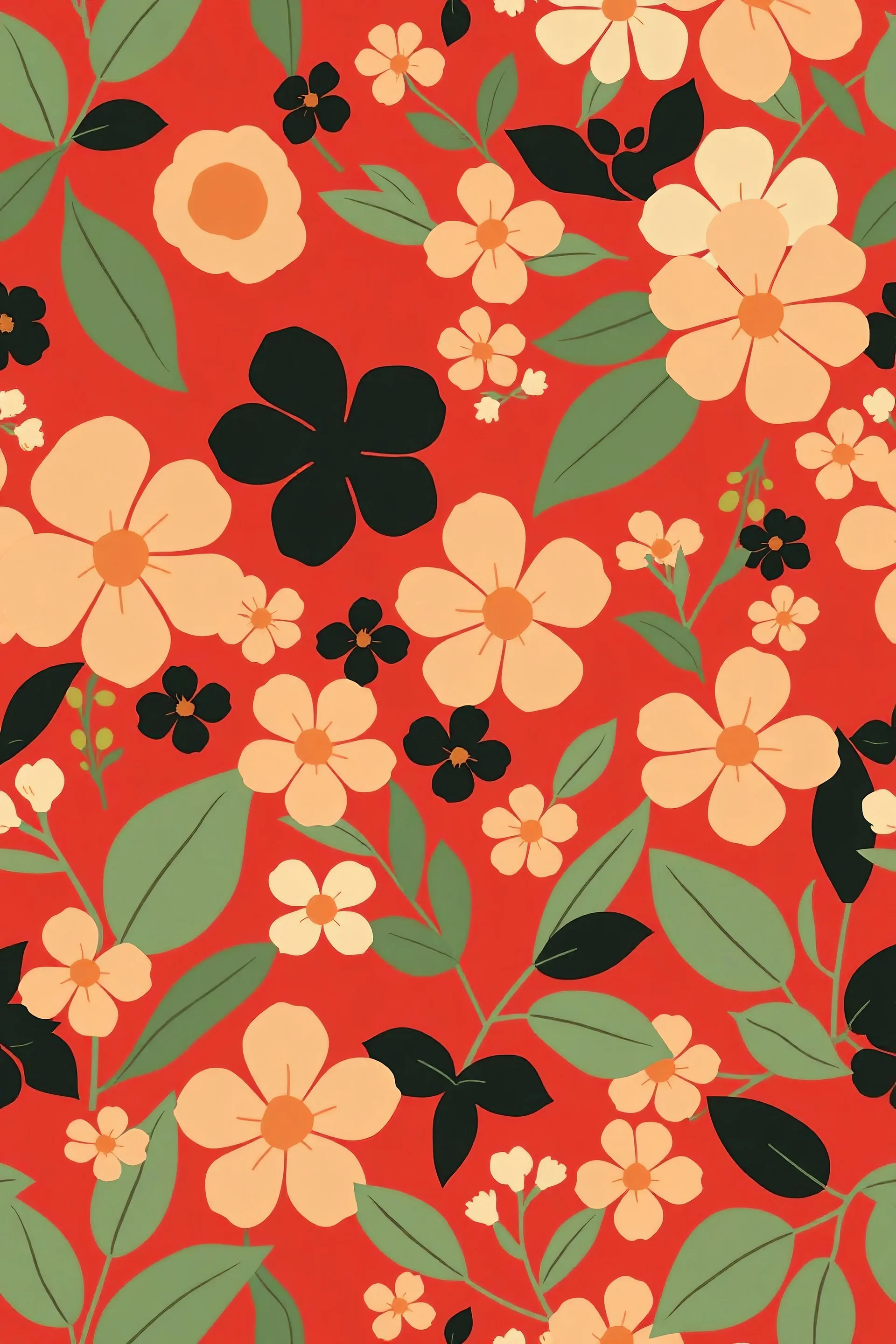 "Create a seamless floral pattern featuring small, flowers and leaves on a red background. The flowers should vary in color, including shades of peach, light yellow, and black, with some flowers having both solid and outlined petals. The leaves should be in different shades of green, and they should vary in size and shape,