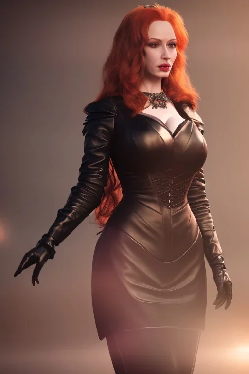 Christina Hendricks as evil queen in black leather gown, cleavage, angry, unreal 5, octane render,cinema4d, dynamic lighting, dramatic lighting, 4k, redshift render, highly detailed, hyper realistic