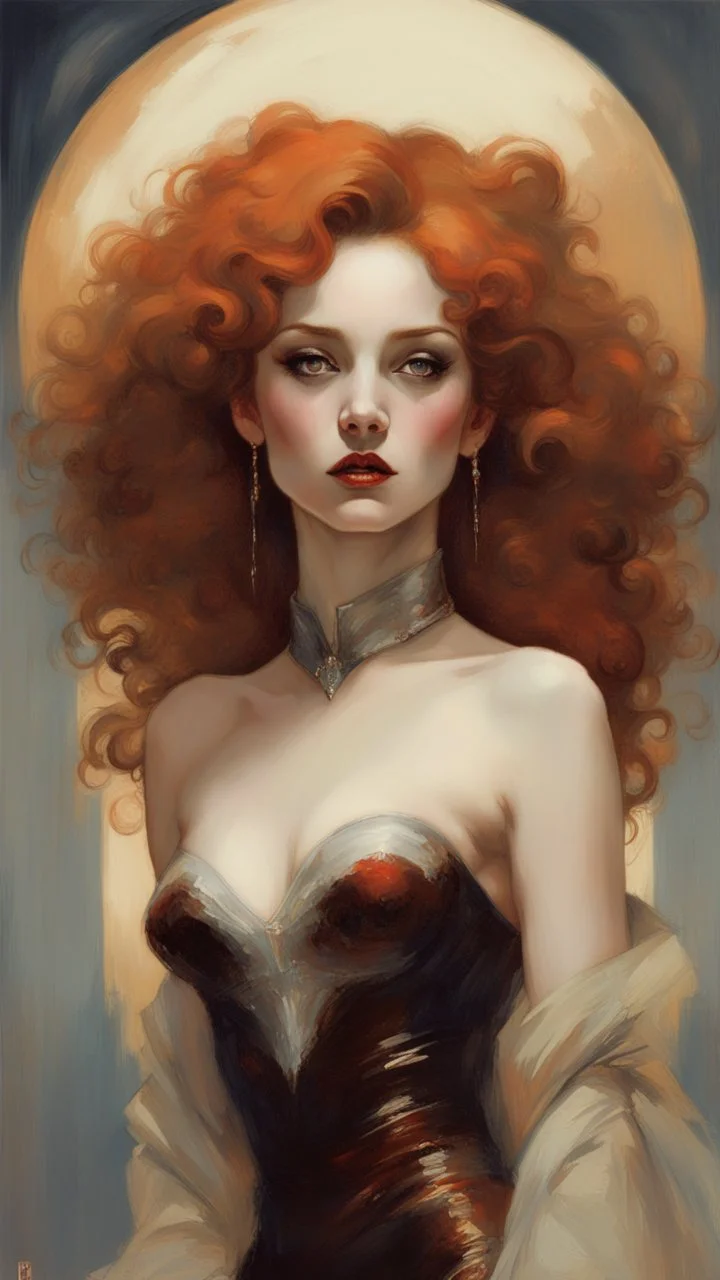 Vampiress, Queen of Dracula, a fiery-haired beauty with luscious curls and deep brown eyes, adorned in a regal futuristic gown that captures the essence of celestial bodies and stars. by Conrad Roset, Pino Daeni, Jeremy Mann, Alex Maleev, 16k resolution, super dramatic light, sharp focus, alexander mcqueen , John William Waterhouse rudolf hausner, daniel f. gerhartz,