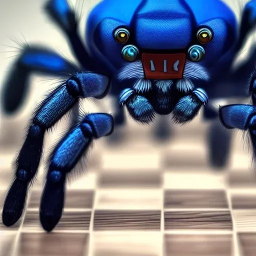 close up of a large hairy blue spider smiling and playing chess, photorealistic, blender render, wide angle lens, 4k, two birds, jungle,