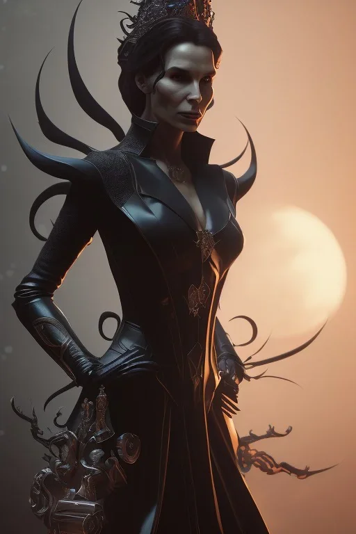 Famke Janssen as evil queen in black leather, busty, cleavage, dominatrix, curvy, angry, stern look. character design by cory loftis, fenghua zhong, ryohei hase, ismail inceoglu and ruan jia. unreal engine 5, artistic lighting, highly detailed, photorealistic, fantasy