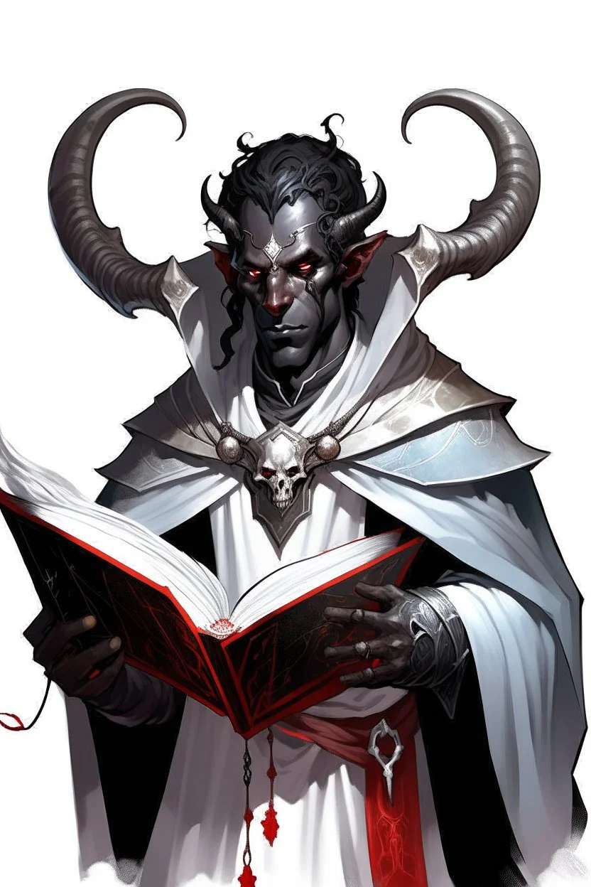 En Young male black skin black hair tiefling Wizard with large horns fra dnd holding a book with Arcane Magic in a silver and White Rope and a silver cloak. His horn a perfectly place on acet from the front to the back pointing upwards with glowing Red cat Eyes. His close is elegant get simple. Holding an ice Crystal in his Right Hand