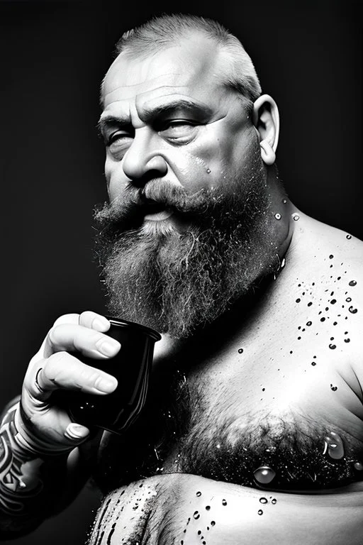 close up photography, dirty burly russian ugly strong chubby 56 years old man, bullneck, milk falling from above, splashing and dripping milk in the face, milk dripping on the beard, with dirty tank top, tattoo, serious eyes, manly chest, 35mm lens, natural light