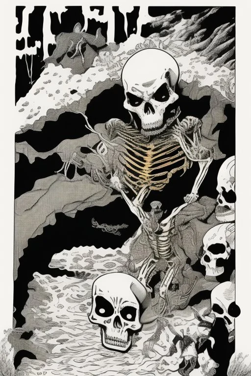 ,Digital illustration of horror genre comic book cover from the 1980s, giant larger than life skeleton picks up tiny humans as they try to run away from inside the cave, macabre, gorey, 1970 illustration art style, absurdist, conye.color pencils, ink, counter culture, dystopian, retro futuris. 90s riot girl look, punk aesthetics, collage, psychedelic, grime, textured, mixed media with a british pop culture influence, maximalism, feminist icon,