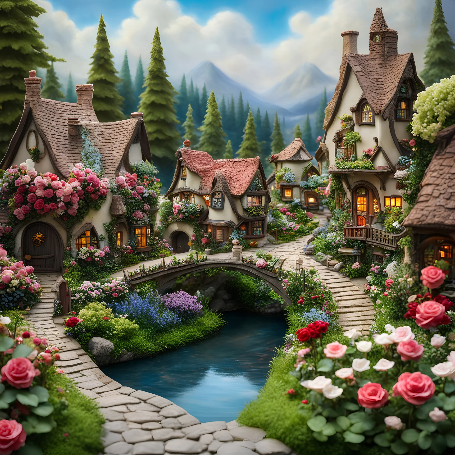 Art nouveau-inspired miniature village scene, featuring gnome-sized cozy houses modeled after German architecture, complete with a rustic street lined with blooming roses, Thomas Kinkade-like warmth emanating from windows, a quaint bridge arching over a serene pond fed by a babbling stream, German flora accenting the landscape, under a partly cloudy sky that carries the promise of a sunny day ahead, hues reflecting the characteristic colors of Germany, composition invoking the mystery of a fable