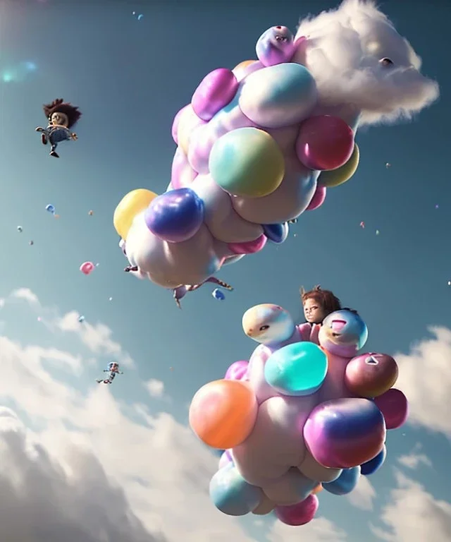 Ultra realistic speed clouds sky scene, wide angle view, sweet childs falling down, inflatable color clothing, free jumping flying, many trinkets, monster head, hair monster, many jelly beans, balls, smile, happy, circus style, extreme, wind, clouds sea, 20,000 feet altitude, stratosphere, soft color, highly detailed, unreal engine 5, ray tracing, RTX, lumen lighting, ultra detail, volumetric lighting, 3d, finely drawn, high definition, high resolution.