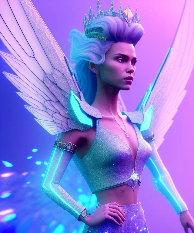 A crystalised queen, atmospheric, realistic, unreal engine, cinematic lighting, octane render. blue, pink, transparency, light, shine,bright, full body, transparent wings, blonde, long hair, nice smile