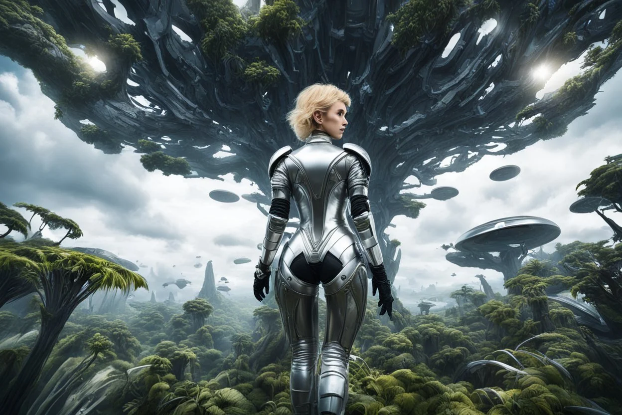 Wide-angle photo of a slim sci-fi woman with blond hair, wearing a silver and black futuristic android-like spacesuit, standing on an alien cloud tree jungle planet