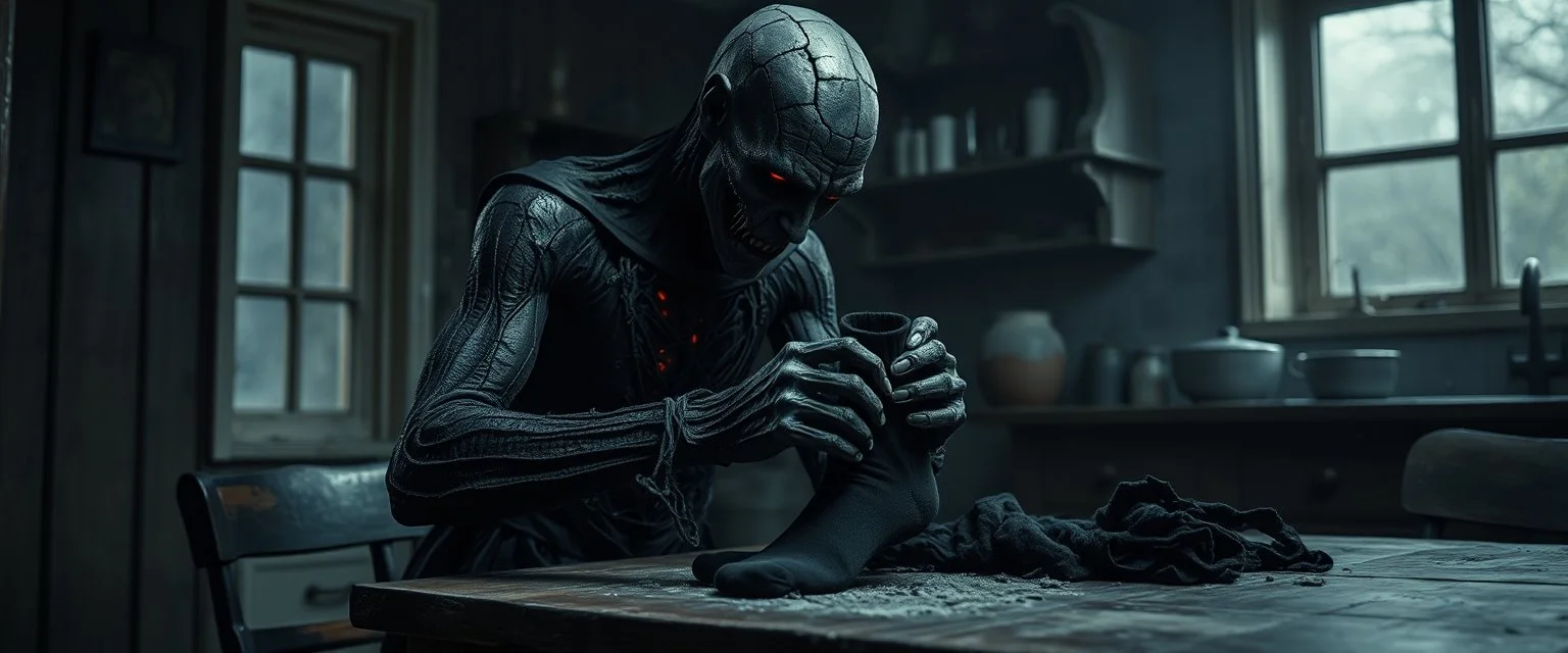 A cinematic gothic horror scene of a terrifying black-charred vampire doing an utterly mundane household chore in an old gloomy kitchen at night, carefully folding freshly washed black socks on a wooden table. The vampire looks as though it has survived being burned alive: completely soot-blackened skin, cracked and charred flesh, subtle red embers glowing deep inside the cracks, pale ruined eyes, blackened fingers and ancient torn clothing covered in ash. Despite its horrifying appearance, it i