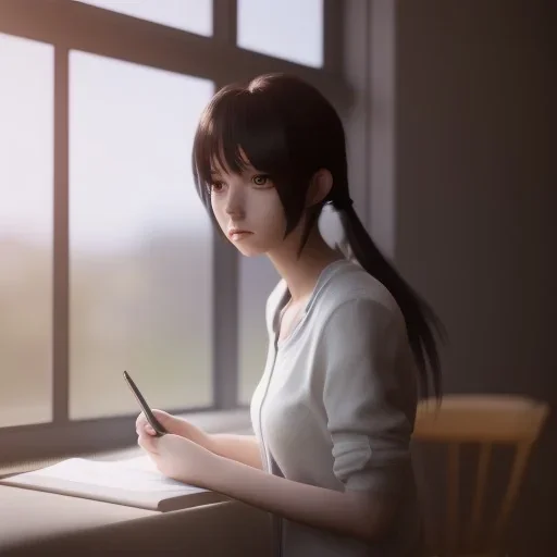 female student studying by the window, anime style, unreal engine 5, sun light, studio lighting --ar 1:1 --v 4