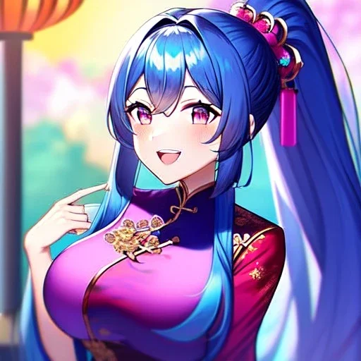 Clear focus, 8k, high quality, detailed, beautiful lighting, girl, vibrant colors, blue long hair, vibrant pink eyes, chinese clothes, ponytail, laughing