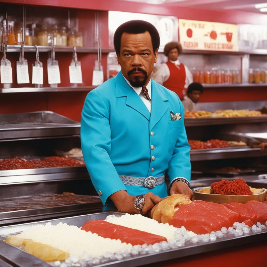 [psychedelic movie by Wes Anderson] Ice-T Fin Tutuola as a butcher, vintage 1970's photo