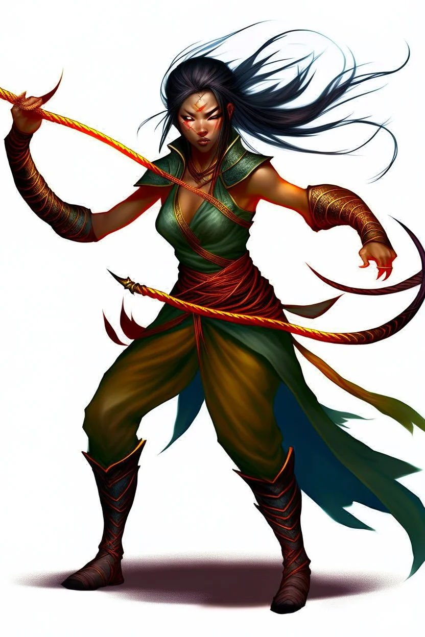 female Shadar-Kai wielding a Whip a whip made out of black thorns