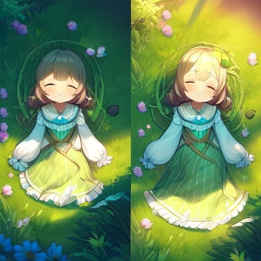 tiny anime girl sleeping in the distance, laying down in a field of flowers, underneath a willow tree, with a butterfly on her nose, hand detail looks human.zoom out