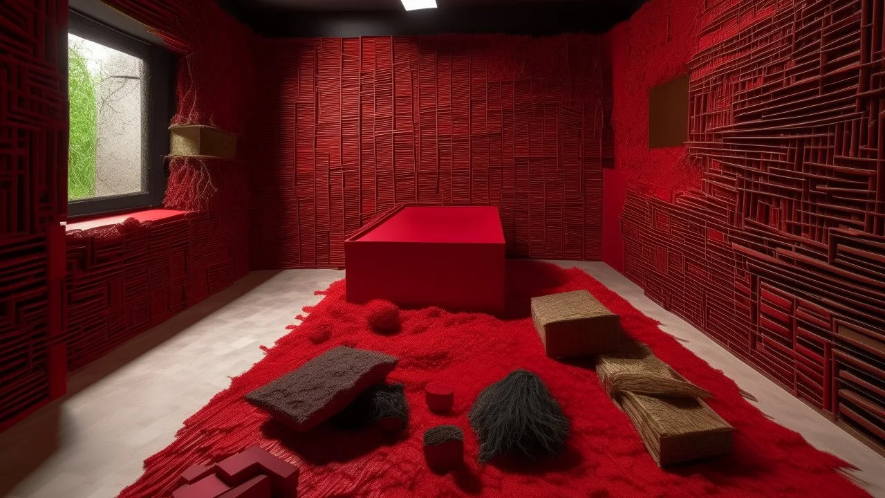 A room built around garbage worms featuring the use of vent tiles, beams, pot tiles, horsetails, and the color red.