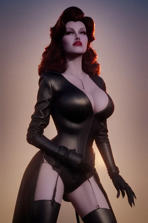 Rita Hayworth as evil queen in black leather, busty, cleavage, curvy, angry, stern look. character design by cory loftis, fenghua zhong, ryohei hase, ismail inceoglu and ruan jia. unreal engine 5, artistic lighting, highly detailed, photorealistic, fantasy