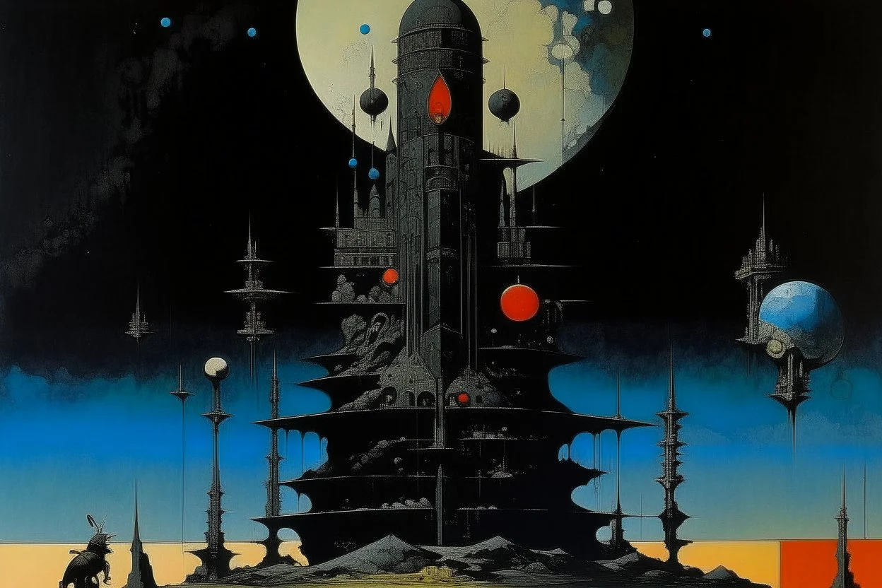 A black shadow empire in space designed in Ica stones painted by Max Ernst