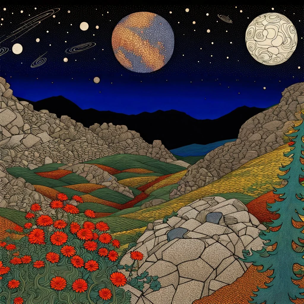 Colourful, peaceful, Egon Schiele, Max Ernst, night sky filled with galaxies and stars, rocks, trees, flowers, one-line drawing, sharp focus, 8k, deep 3d field, intricate, ornate