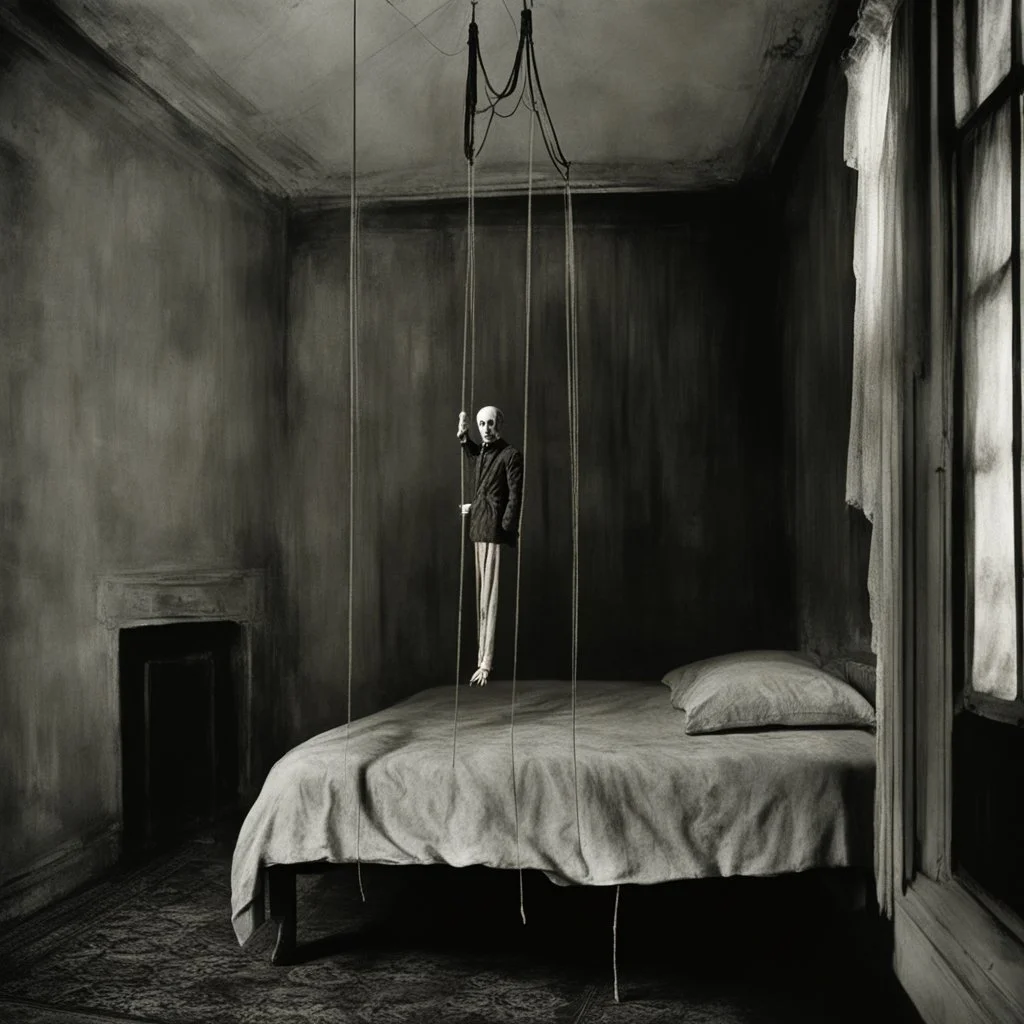 In a creepy dark shadowy foggy bedroom creepy marionette of a real-looking human puppet with taut strings reaching up into infinity, creepy, eerie, scary, nightmarish surreal horror, photorealism, ghostly, by Edward Gorey, by Stephen Grammell, dark colors.