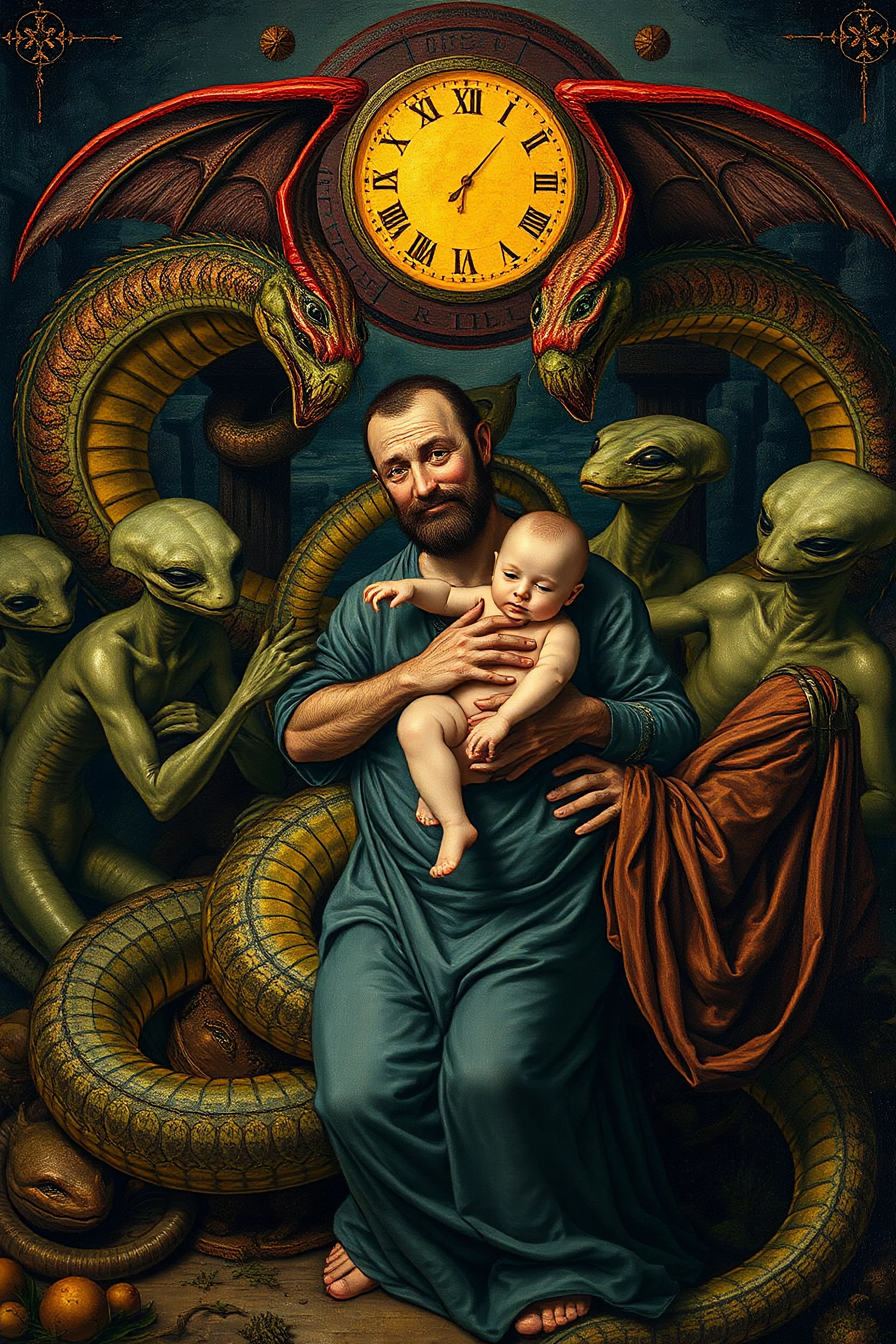 Hieronymus Bosch Style high quality picture in it snakes , aliens carrying a baby protecting him men with tales