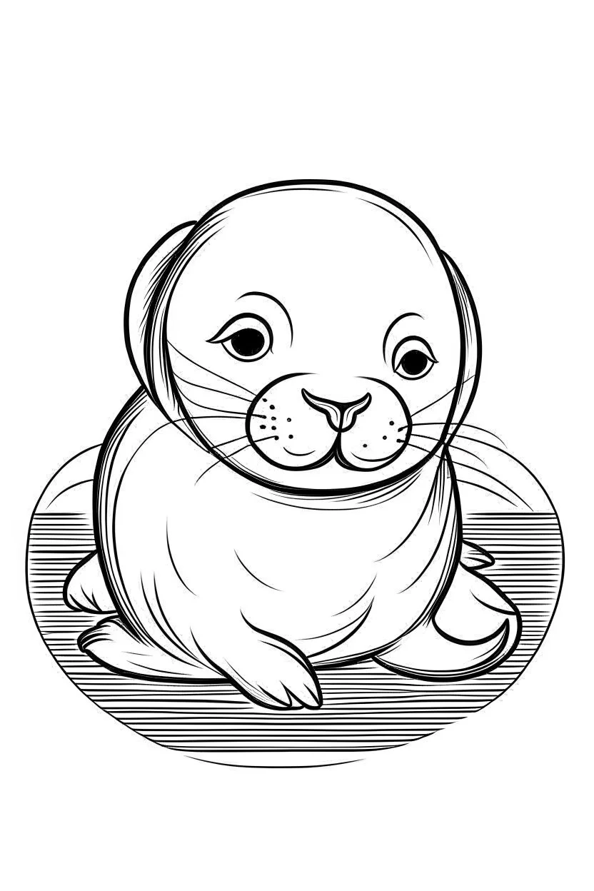 cute coloring page, sketch style, cute baby seal in the ice, cute cartoon, white and black, withe background, no shadows, outline.