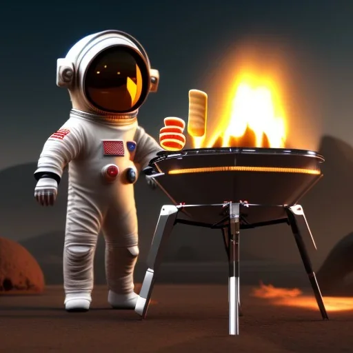 astronaut cooking marshmallows on barbecue from mars unreal engine 5, octan render