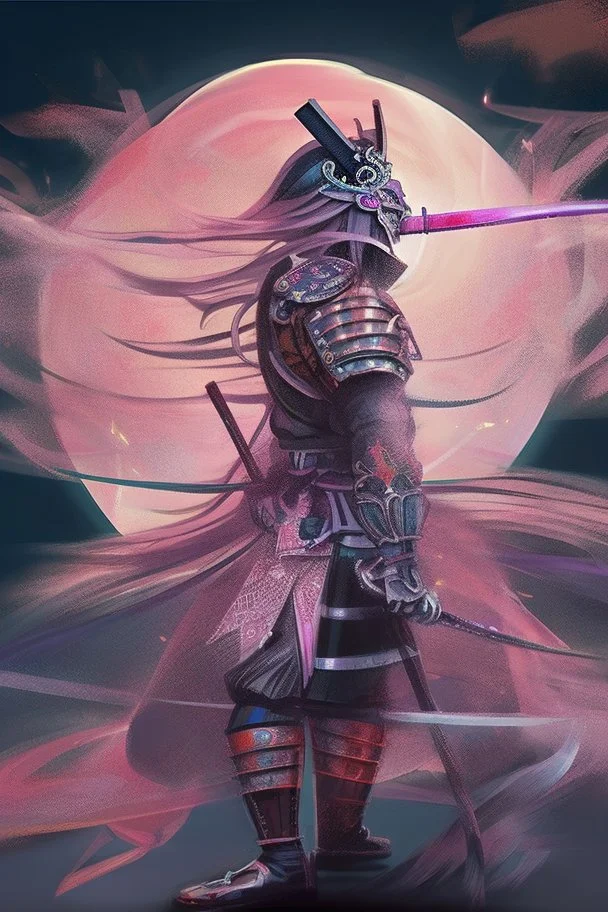 Mystical samurai emitting an aura with a long, neon sword emitting an aura