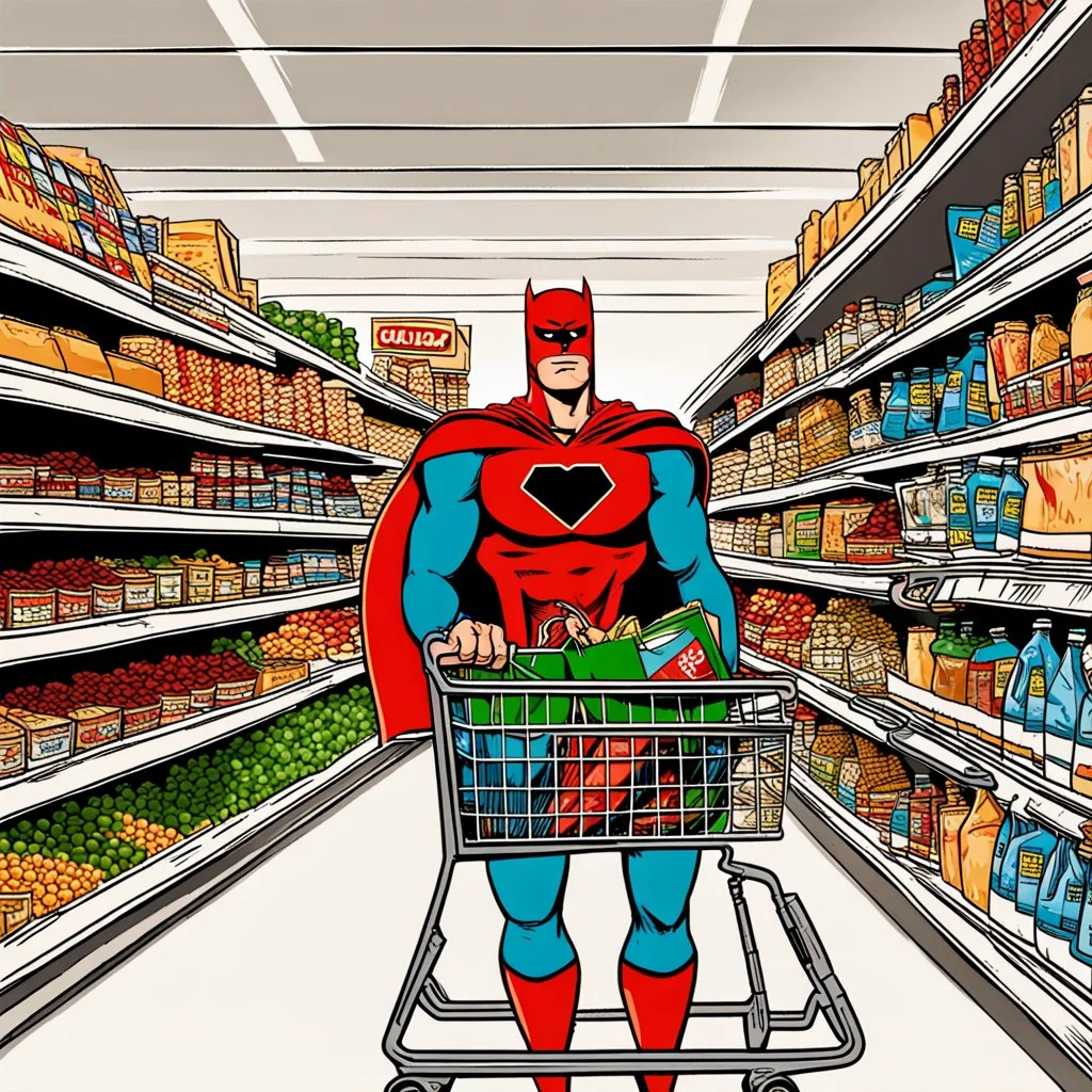 A superhero with a shopping cart is shopping in a supermarket.