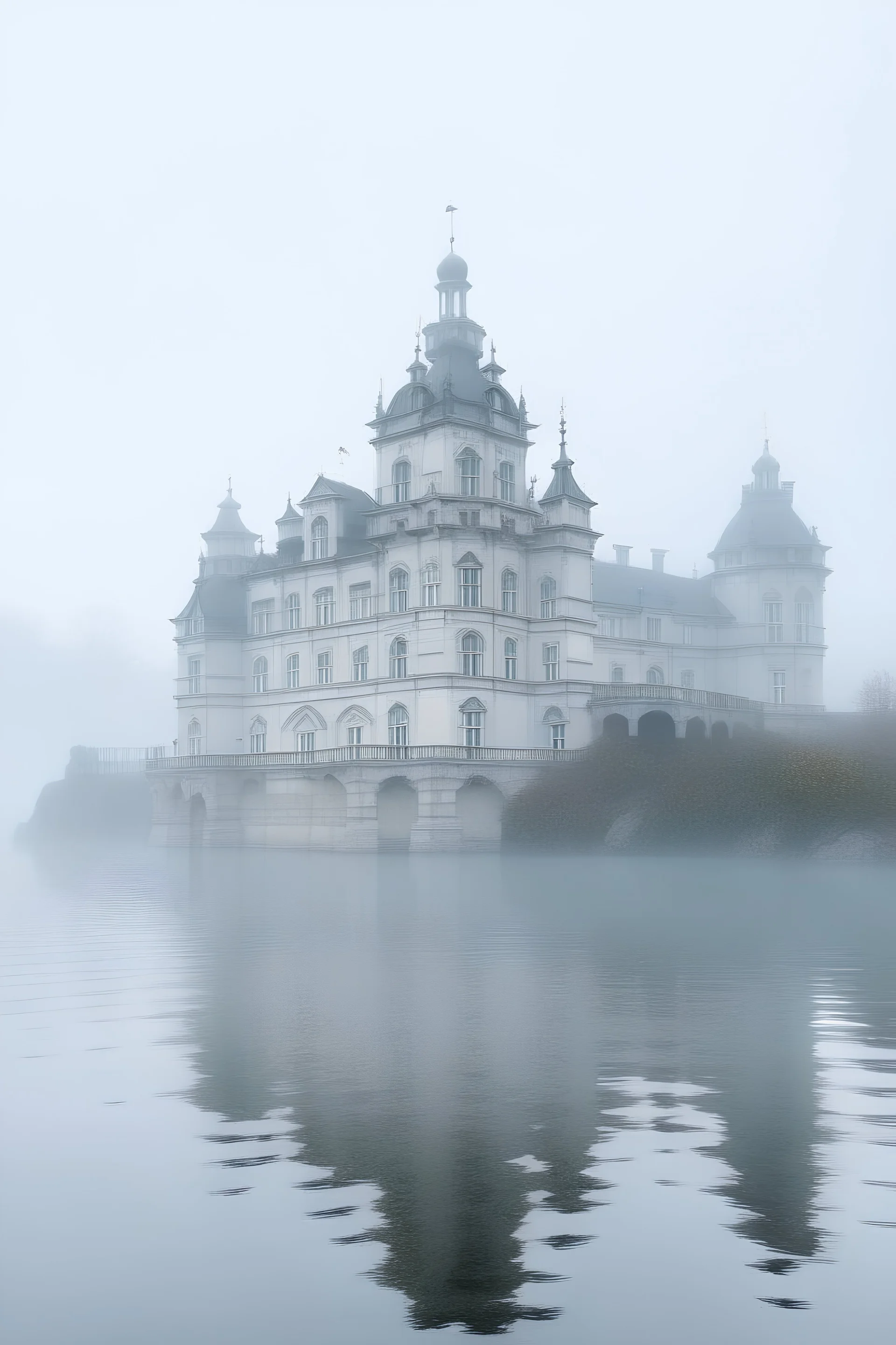 Tolong buatkan gambar istana bergaya eropa berwarna putih dibawah laut yang tertutup oleh kabut tebal istana itu berada diantara batu karang besar yang memenuhi area luar istana