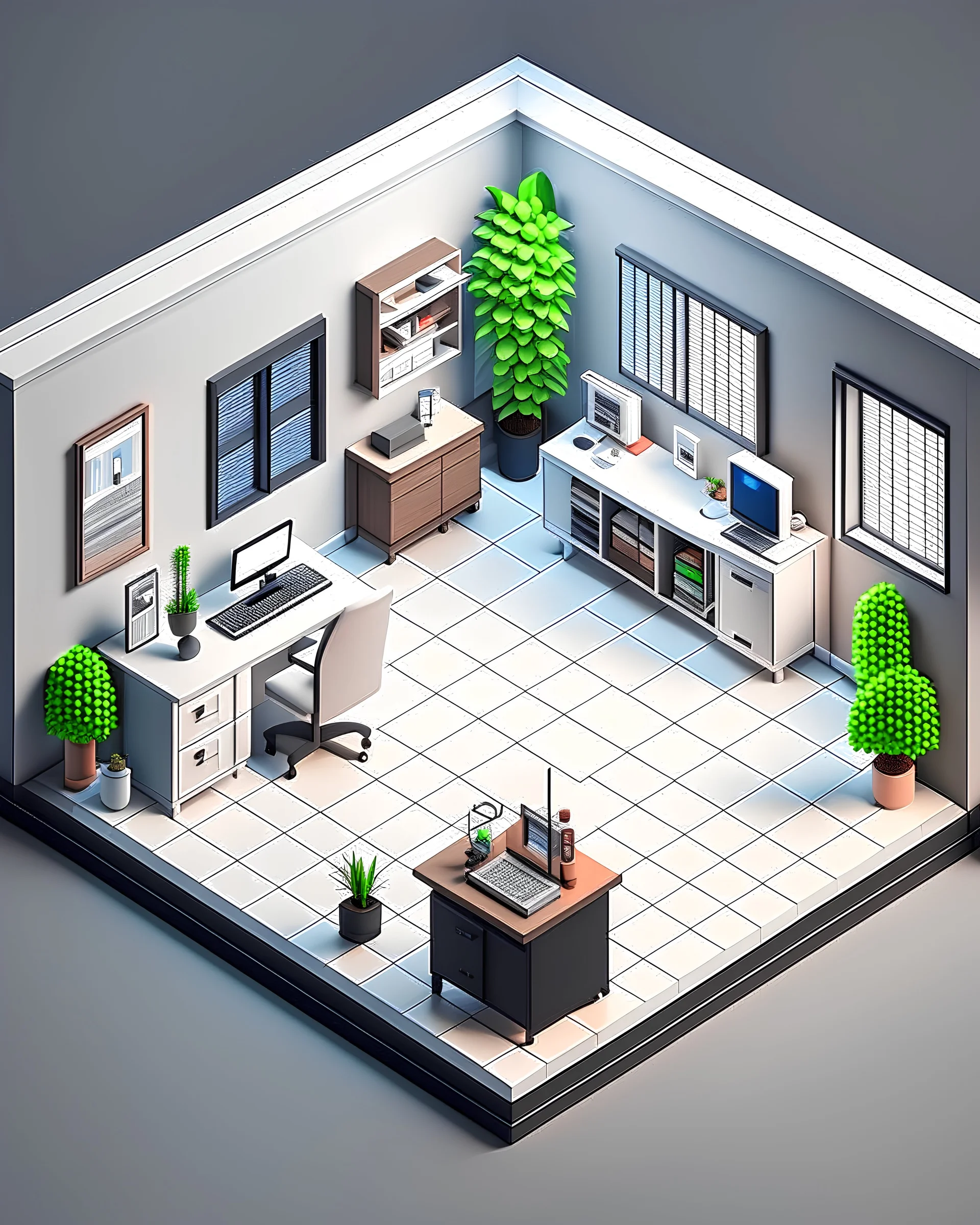 Detailed isometric designer's office, white background, pixel art, unreal engine voxel render