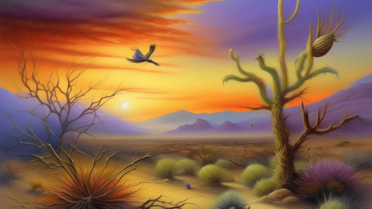 PINTURA DE CHOLLA CON COLIBRÍ → pastel seco → desierto de Sonora al atardecer → luminismo atmosférico → difuminado óptico → papel verjurado → diagonal aérea con ave suspendida → contraluz dorado → cálida incandescente → efímera y reverente → dorado, magenta, violeta sombra, verde seco → medio → medio → pulverulenta suave → 200mm congelado → momento suspendido