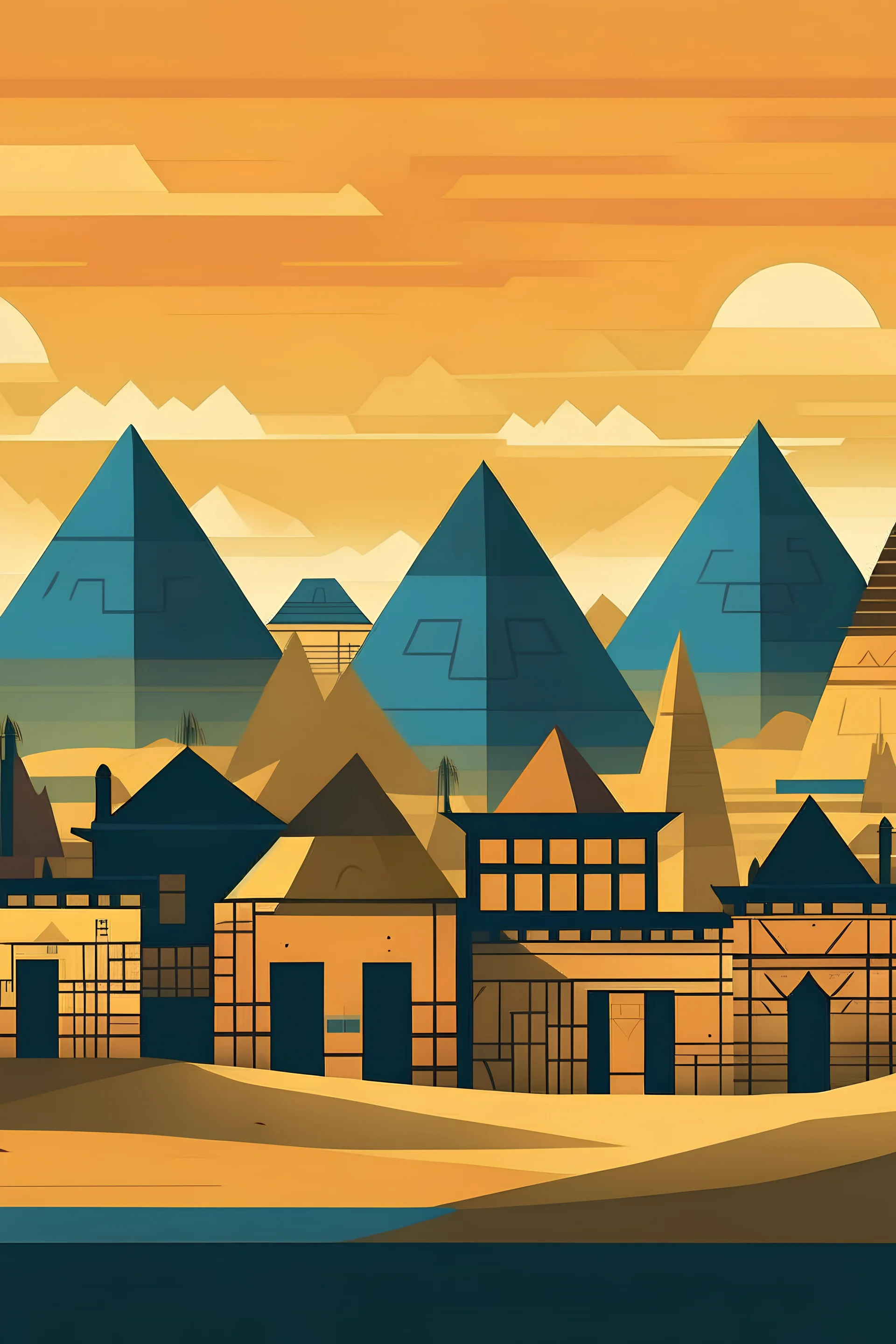create a ilustrasion town of small Egyptian houses with silhouettes of pyramids behind them in a similar art style and color palette