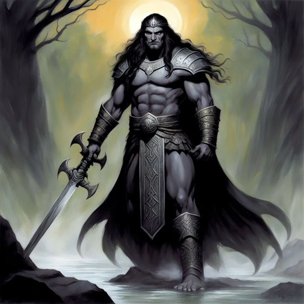 (art by Robert E. Howard) Khosatral Khel, the ancient from the Abyss, the god of Dagonia. It was dim and misty in the chamber, a head and a pair of gigantic shoulders grow out of the twilight gloom. He is clad in sandals, a skirt and a broad shagreen girdle. His square-cut mane is confined by a circlet of gold. With monstrous shoulders, the breadth of the swelling breast, the bands and ridges and clusters of muscles on torso and limbs. The face was without weakness and without mercy. The eyes we